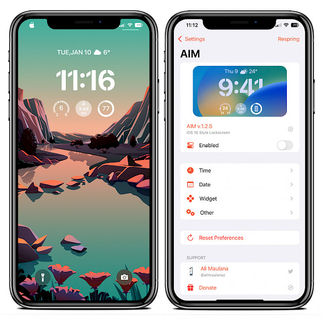 two iPhone screens showing AIM tweak preferences and new Lock Screen design on iOS 15.