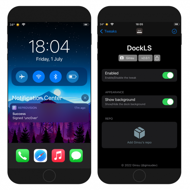 Two iPhone screens showing the DockLS tweak preference pane and Dock added to Lock Screen.