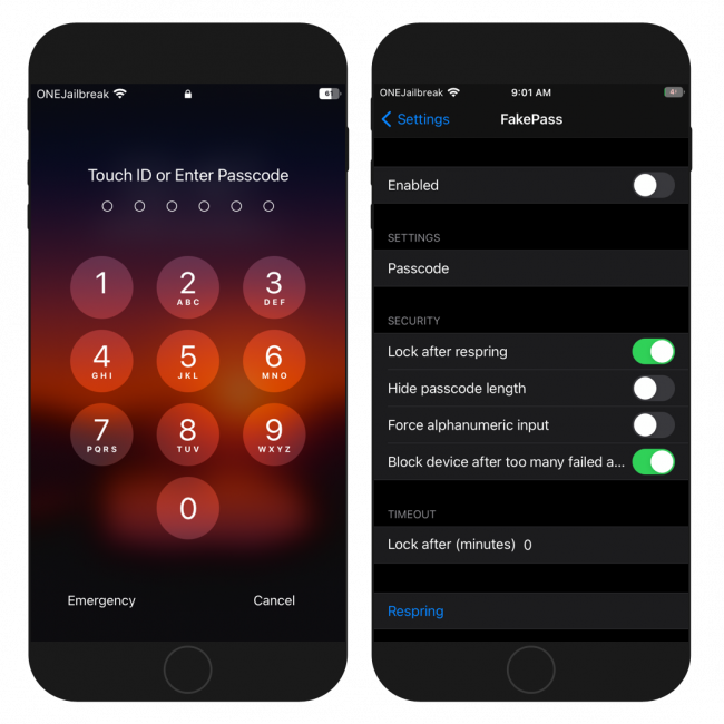 Two iPhone 7 screens showing the FakePass preferences and Passcode on Lock Screen.