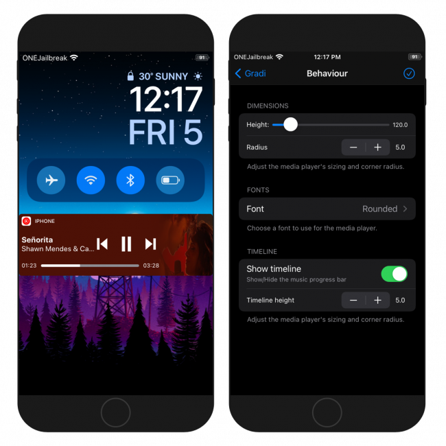 Two iPhone screens showing Gradi tweak music widget on Lock Screen.