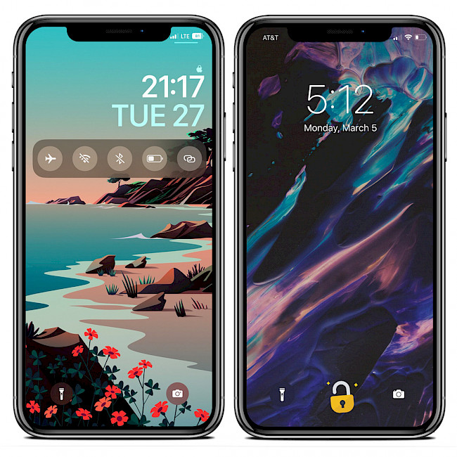 Two iPhone screens showing the LatchKey glyph themes displayed no the Lock Screen.