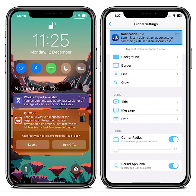 Two iPhone screens showing the Velvet 2 tweak preferences pane and colorised notifications on Lock Screen.