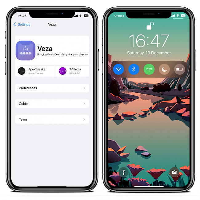 Two iPhone screens showing the Veza tweak for iOS Lock Screen.