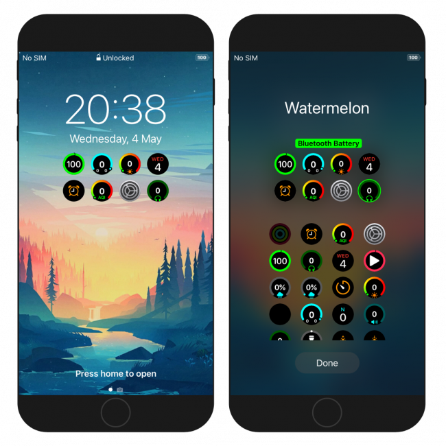 Two iPhone screens showing Watermelon widgets on iOS 14 Lock Screen.