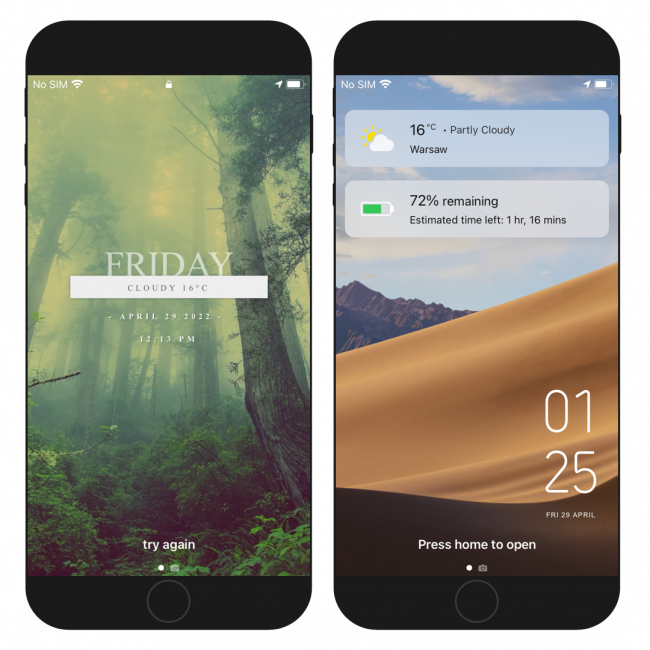 Two iPhon screens showing the Xen HTML tweak enabled on iOS 14 Lock Screen.
