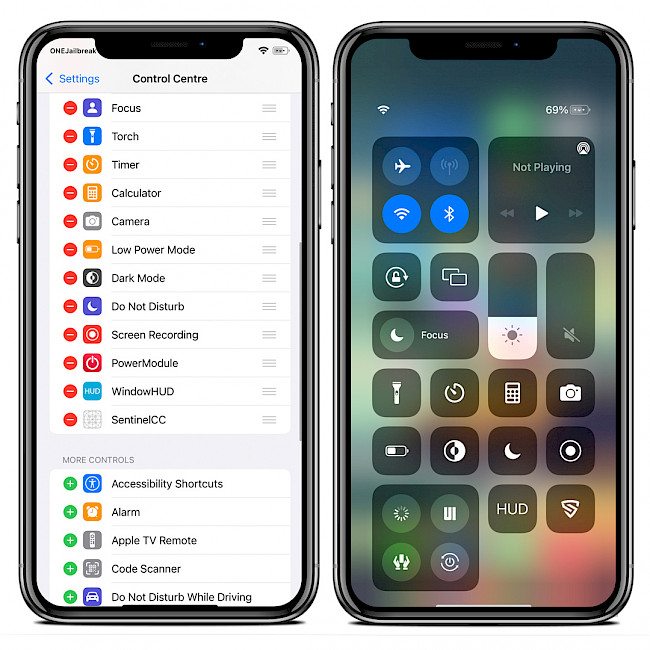 Two iPhone screens showing Sentinel Control Center module for iOS 15.