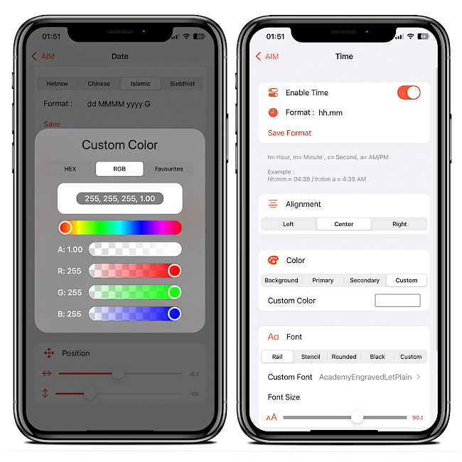 Two iPhone screens showing AIM tweak Time configuration pane and custom colour selector.