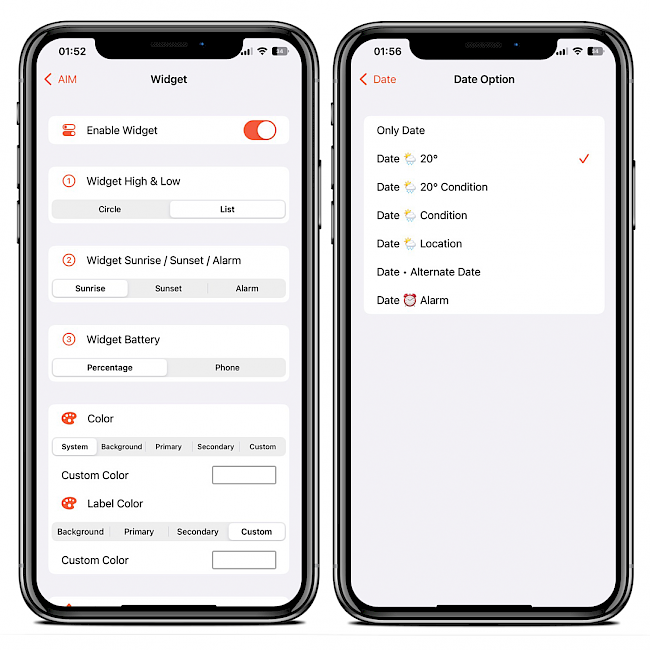 Two iPhone XS Max screens showing AIM tweak available configuration options for widgets and date options.