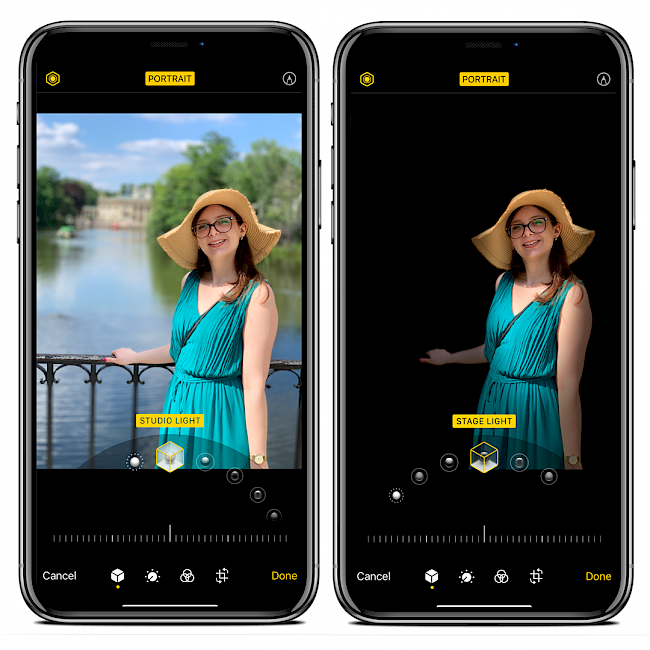 Two iPhone screens showing PortraitXI tweak photo editing features in stock Photos app.