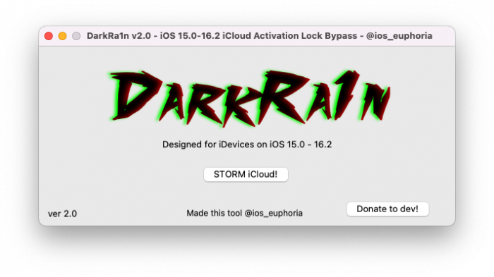 Screenshot of DarkRa1n iCloud Bypass main window interface running on macOS.