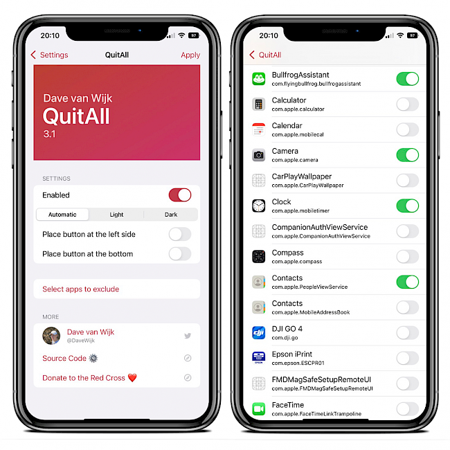Two iPhone XS Max screens showing QuitAll tweak preference pane in the Settings app.