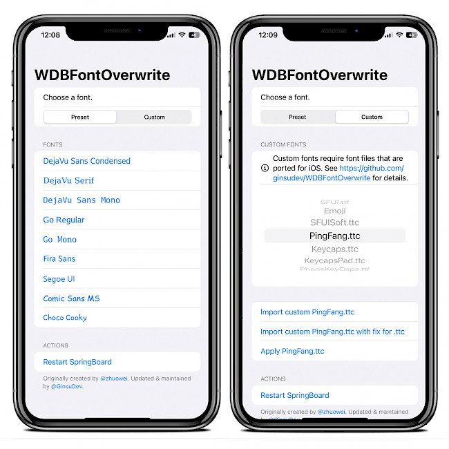 Two iPhone screens showing the WDBFontOverwrite app interface and available import settings.