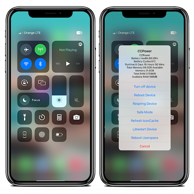 Two iPhone screens showing the CCPower tweak module on Control Center page running iOS 15.