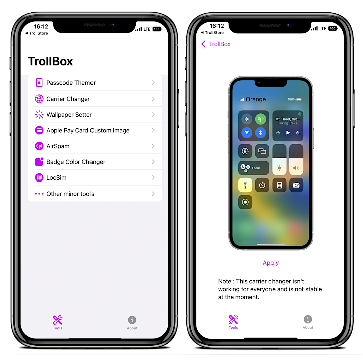 Two iPhone screens showing TrollBox app tools and carrier changer option.
