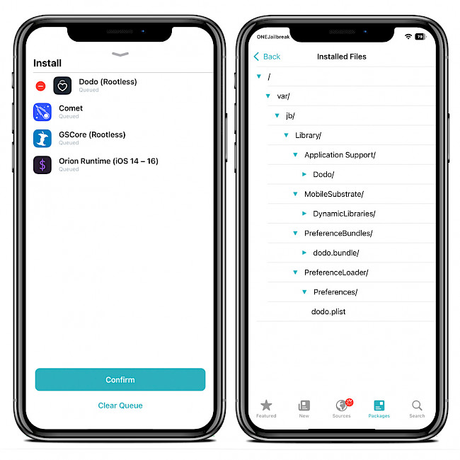 Screenshot of Sileo app showing Dodo Repo and tweak installed files.