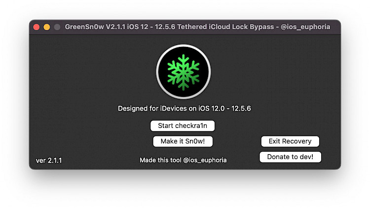 Screenshot of GreenSn0w iCloud Bypass Tool for iOS 12 – iOS 12.5.6.