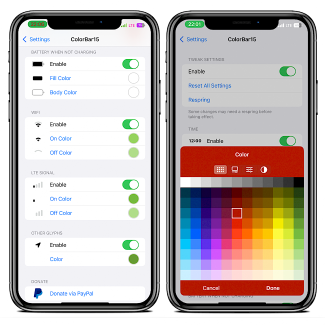 Two iPhone screens showing ColorBar15 tweak settings on iOS 15 running XinaA15 Jailbreak.