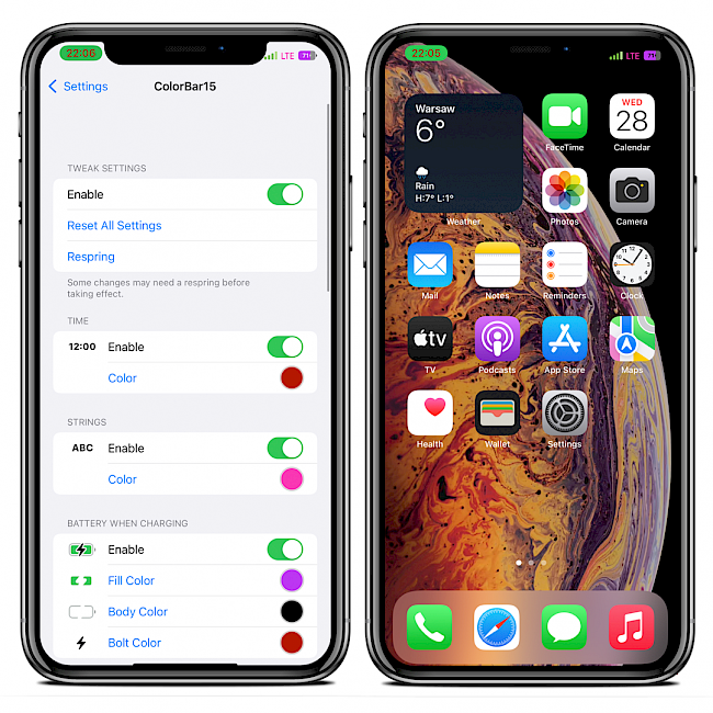 Two iPhone screens showing ColorBar15 tweak preference pane and modified Status Bar colors on iOS 15.