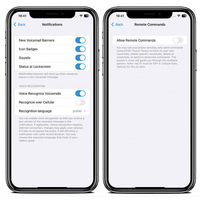 Two iPhone screens showing the AnsweringMachine XS preference pane.