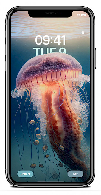 Screenshot of iPhone Lock Screen with the depth effect Fresh-Water Medusa wallpaper.