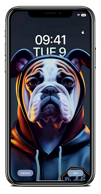 Screenshot of iPhone Lock Screen with the depth effect Bulldog wallpaper.