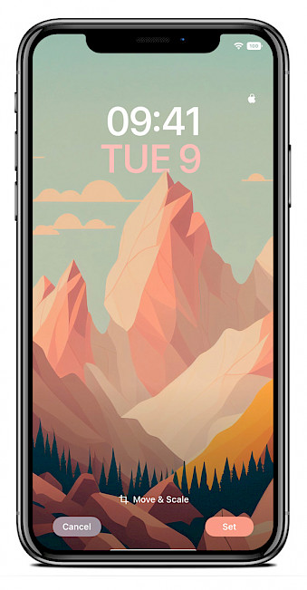 Screenshot of iPhone Lock Screen with the depth effect Pastel Mountains wallpaper.