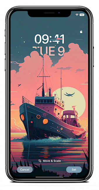 Screenshot of iPhone Lock Screen with the depth effect Ship wallpaper.