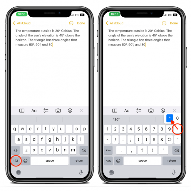 Two iPhone screens showing how to type Degree Symbol on iPhone with keyboard.