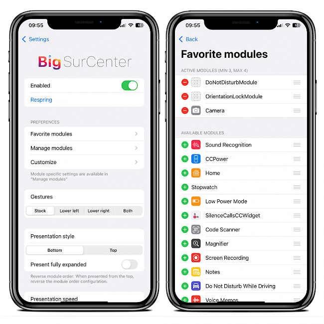 Two iPhone screens showing BigSurCenter preference pane and favourite modules manager in Settings app.