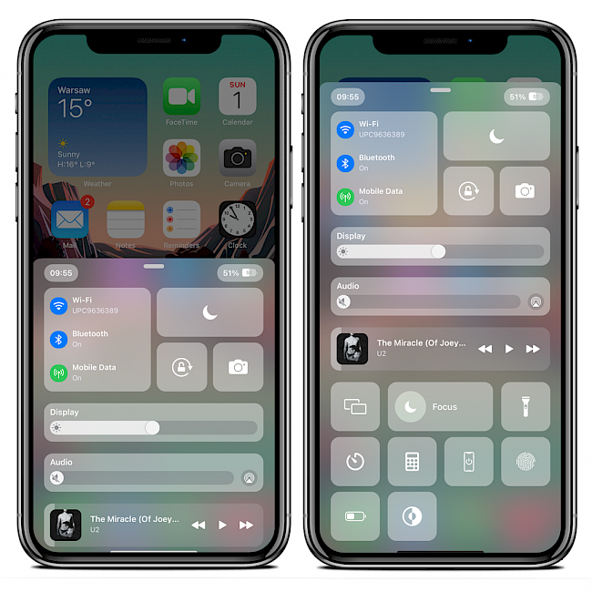 Two iPhone screens showing the BigSurCenter tweak Control Center interface on iOS Home Screen.