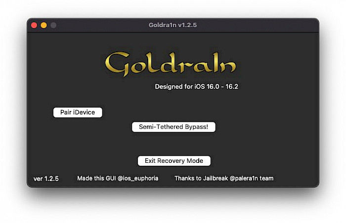Screenshot of the Goldra1n iCloud Bypass app running on macOS.