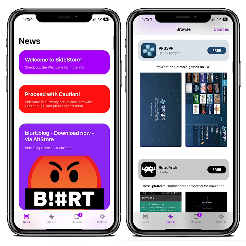 To iPhone-skærme, der viser SideStore-appen, der kører på iOS 15.