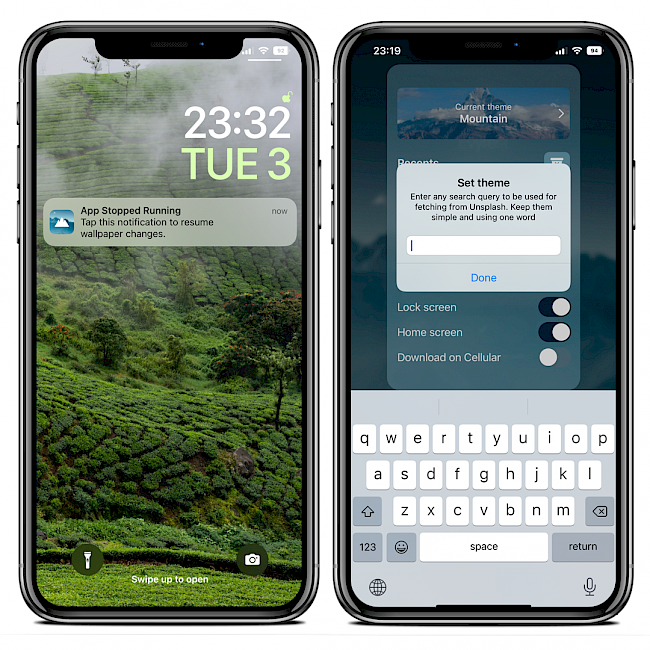 Two iPhone screens showing Evyrest theme selectors, and Lock Screen wallpaper change notification.