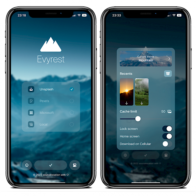 Two iPhone screens showing the Evyrest for TrollStore app interface running on iOS 15.