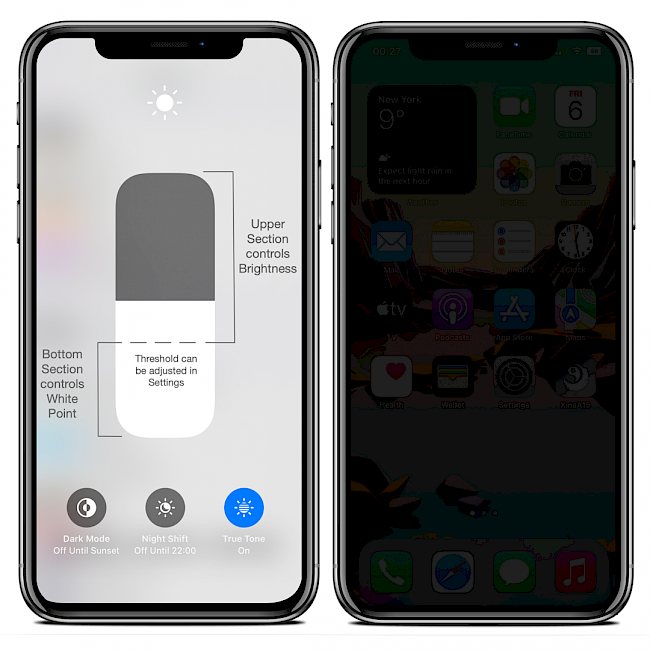 To iPhones screens showing the Advanced Brightness Slider control and iOS 15 Home Screen dim below min.