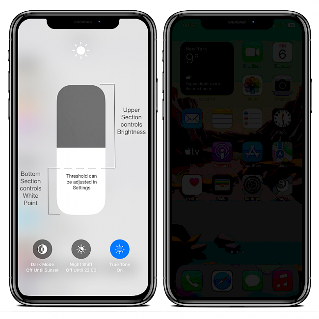 To iPhones screens showing the Advanced Brightness Slider control and Home Screen dim below min.
