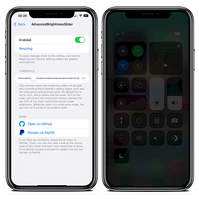 Two iPhone screens showing the Advanced Brightness Slider preference pane and Control Center module.
