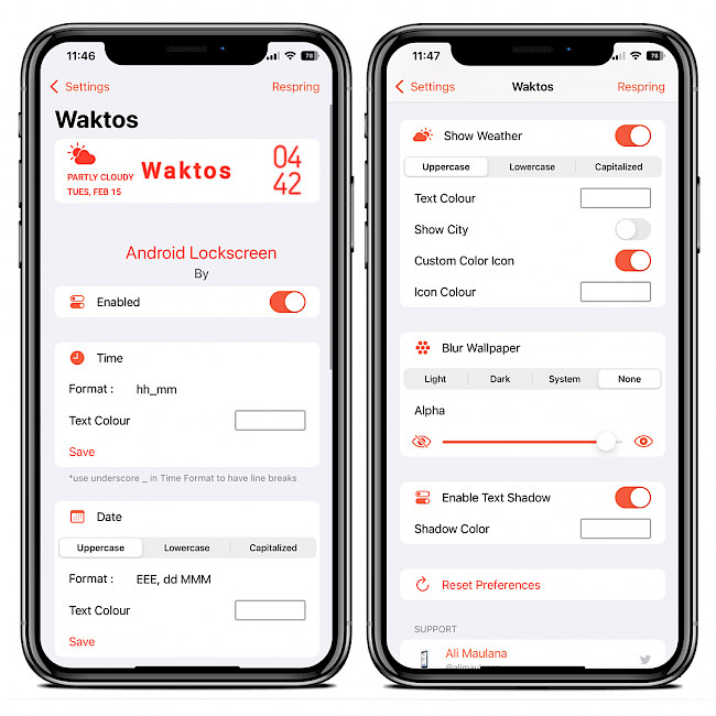Two iPhone screens showing the Waktos tweak preference pane in Settings app.