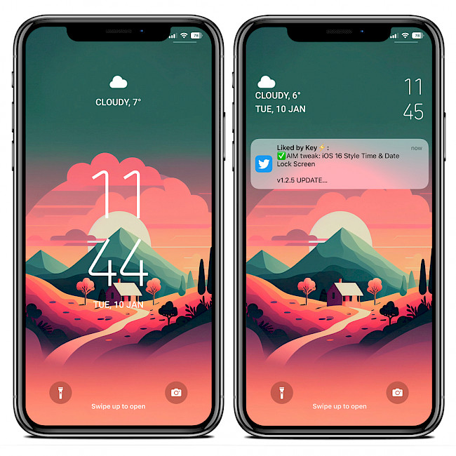 Two iPhone screens showing the Wakes tweak Lock Screen looks on iOS 15.