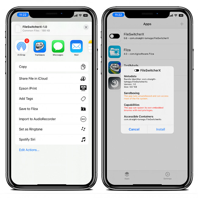 Two iPhone screens showing the installation process of FileSwitcherX IPA with TrollStore on iOS 15.