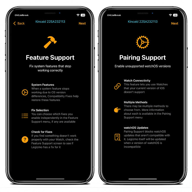 Δύο οθόνες iPhone που δείχνουν Legizmo Kincaid δυνατότητες υποστήριξης και υποστήριξης διαχωρισμού.