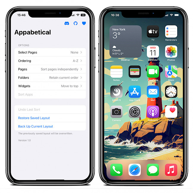 Two iPhone screens showing the Appabetical app settings and organised icon layout on Home Screen.