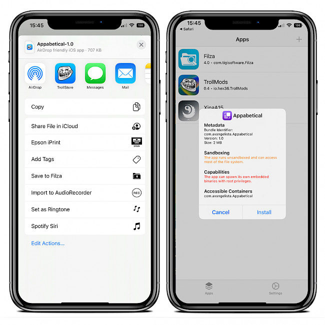 Two iPhone screens showing the installation process of Appabetical IPA with TrollStore.