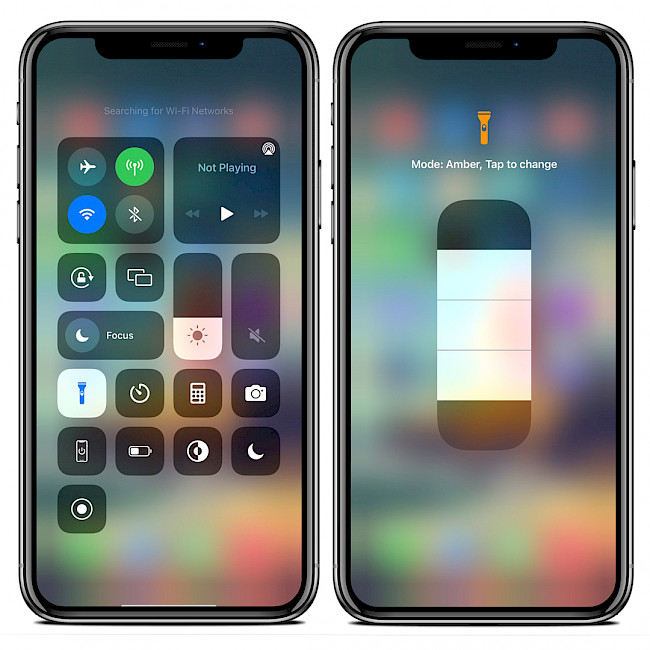 Two iPhone screens showing the Amber tweak flashlight modes in Control Center on iOS 15.