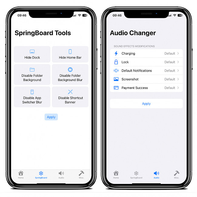 Two iPhone screens showing Cowabunga app SpringBoard tools, and Audio Changer feature.