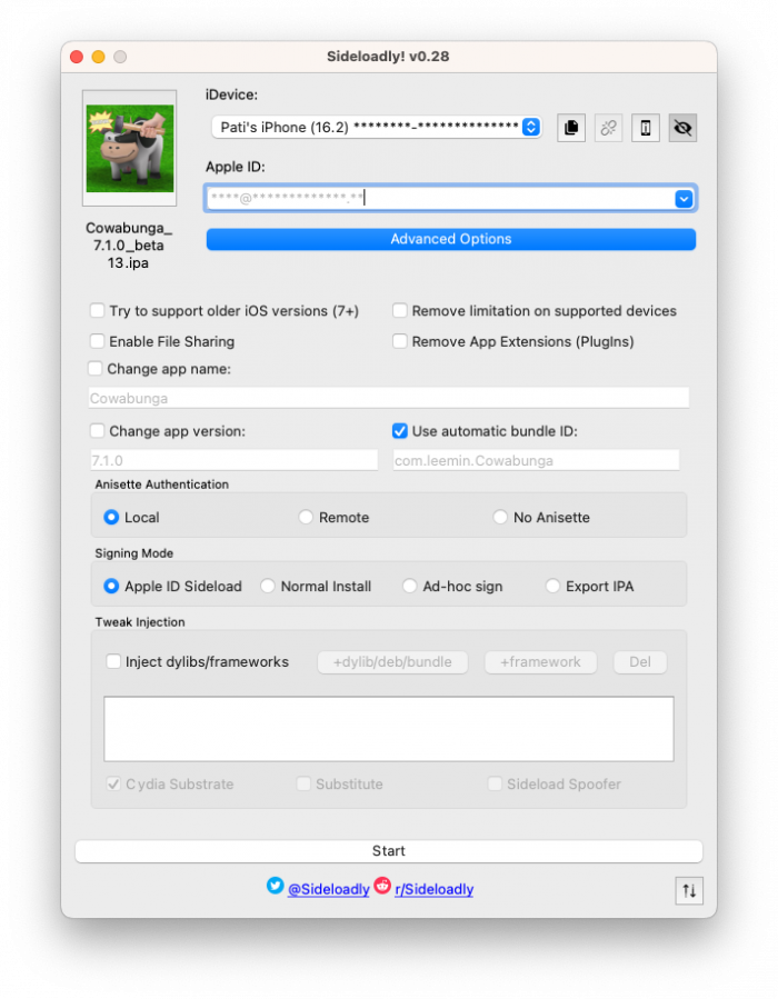 Screenshot of Cowabunga IPA sideload configuration options in Sideloadly app.