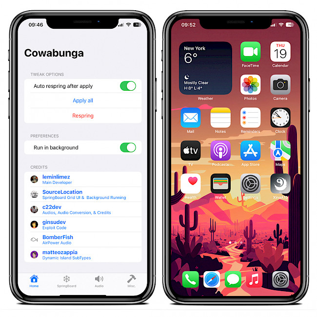 Two iPhone screens showing Cowabunga Home Page and iOS Home Screen with hidden background of Dock.