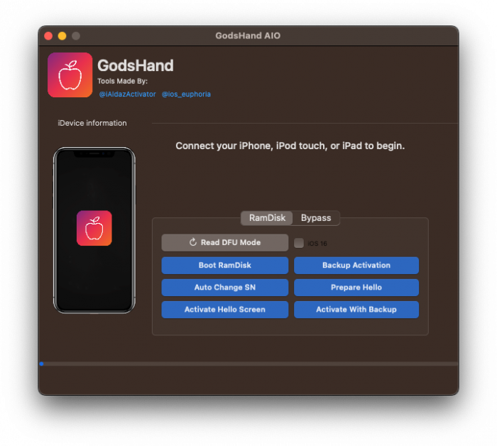 Στιγμιότυπο οθόνης του GodsHand iCloud Bypass για iOS 12 – iOS 16.