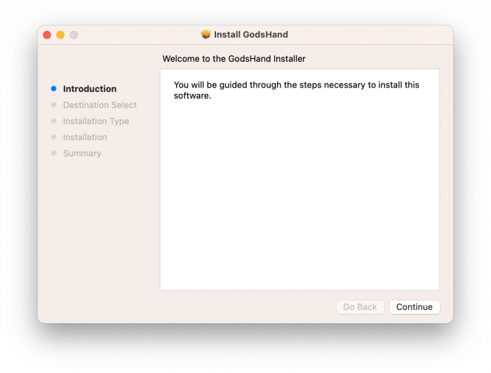 Στιγμιότυπο οθόνης του προγράμματος εγκατάστασης GodsHand στο macOS Ventura.