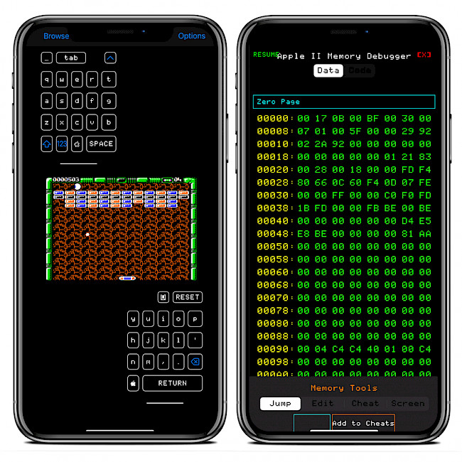 Two iPhone screens showing ActiveGS Memory Debugger and emulated game.
